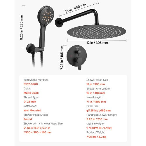 Brausebatterie-Set 30 cm rund Regendusche Kopfbrause und Handbrause Set matt schwarz