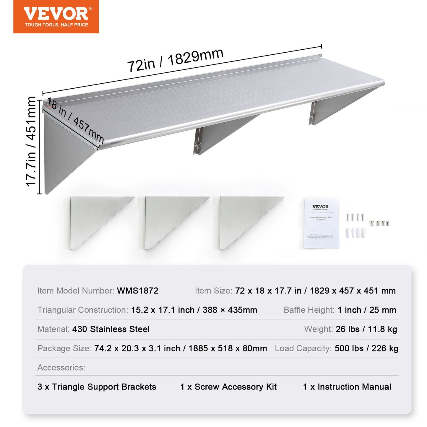 18" x 72" Stainless Steel Shelf, Wall Mounted Floating Shelving with Brackets, 500 lbs Load Capacity Commercial Shelves, Heavy Duty Storage Rack for Restaurant, Kitchen, Bar, Home, and Hotel