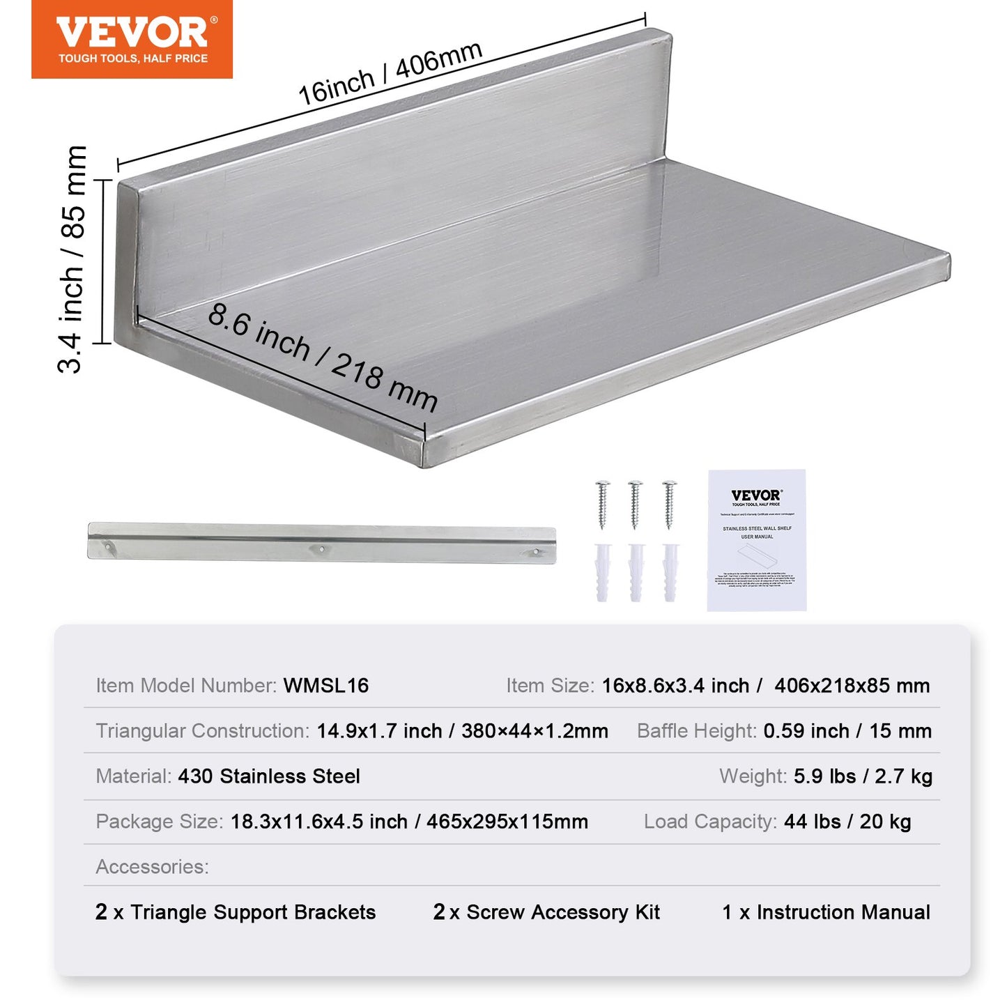 8.6" x 16" Stainless Steel Shelf, Wall Mounted Floating Shelving with Backsplash, 44 lbs Load Capacity Commercial Shelves, Heavy Duty Storage Rack for Restaurant, Kitchen, Bar, Home, and Hotel