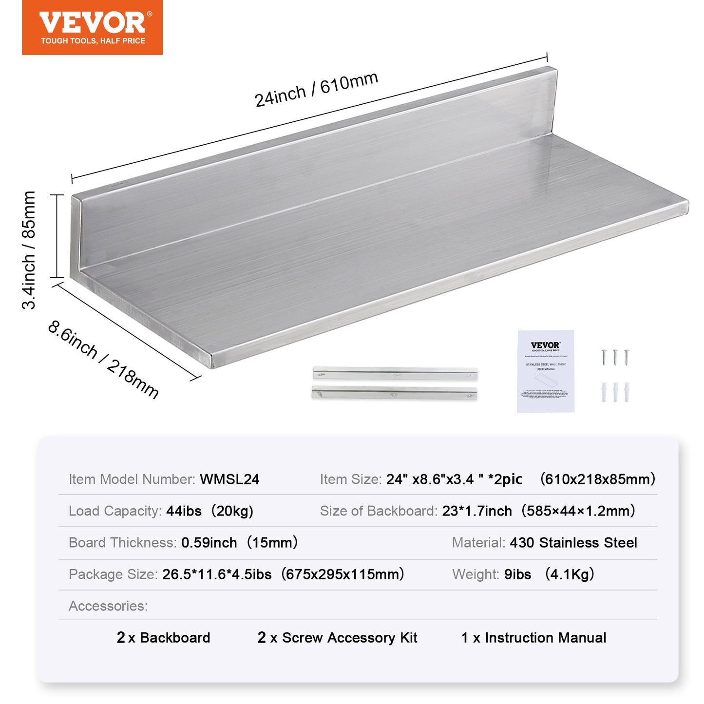8.6" x 24" Stainless Steel Shelf, Wall Mounted Floating Shelving with Backsplash, 44 lbs Load Capacity Commercial Shelves, Heavy Duty Storage Rack for Restaurant, Kitchen, Bar, Home, and Hotel