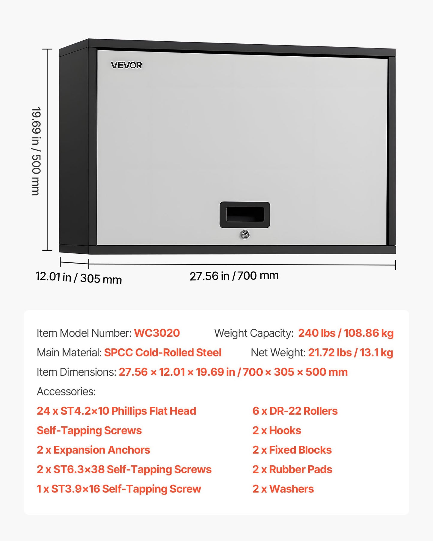 Metal Wall Cabinet, 27.56W x 12.01D x 19.69H Inch, Floating Garage Tool Cabinet with Up-Flip Door and Shelf, 240 lbs Load Capacity, Fit for Garage, Basement, Kitchen, Warehouse Assembly Required