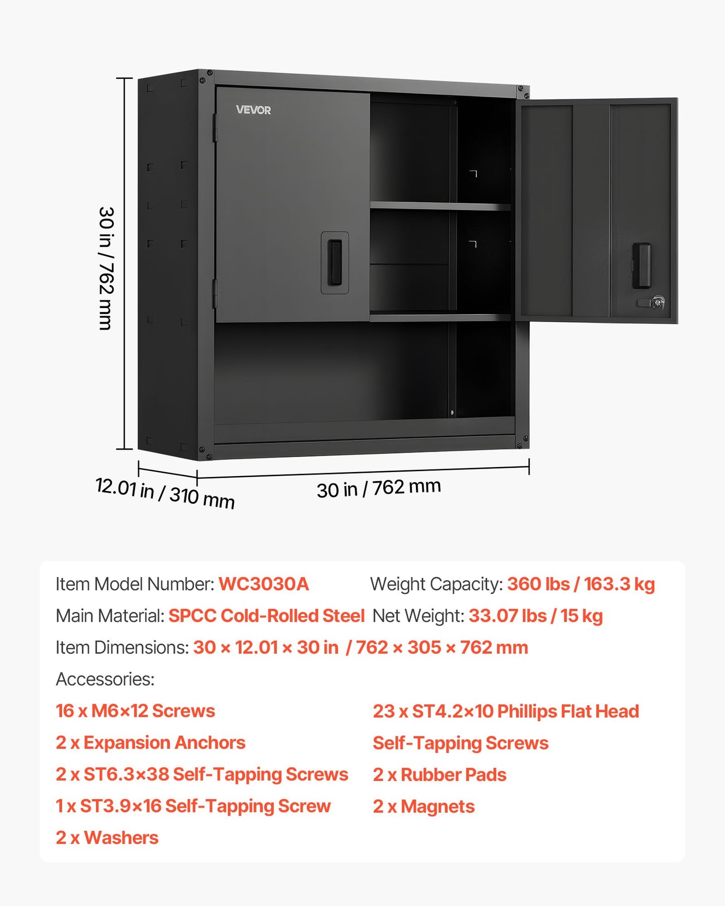 Metal Wall Cabinet, 30W x 12.01D x 30H Inch, Steel Floating Hanging Storage Cabinet with Locking Doors and Adjustable Shelf for Garage, Basement, Kitchen, Warehouse Assembly Required, Black