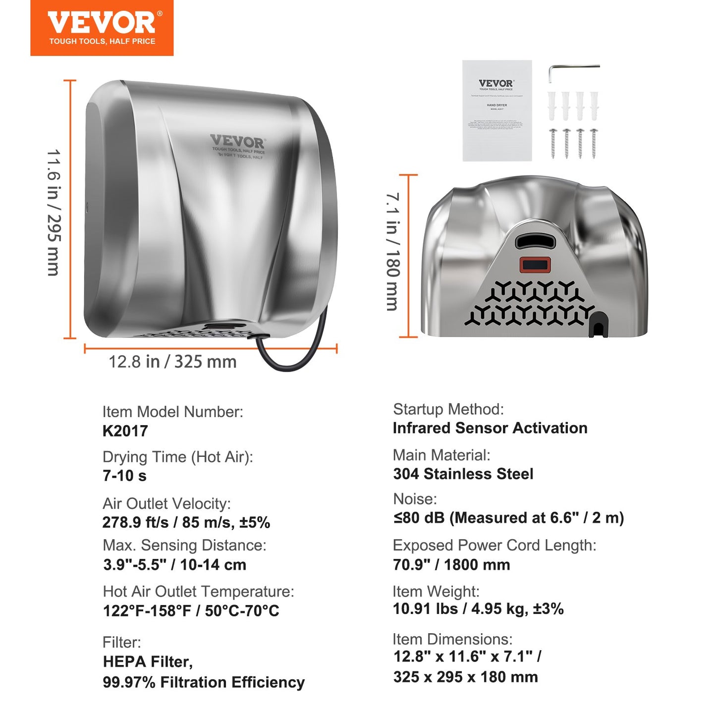 Heavy Duty Commercial Hand Dryer, 1300W Automatic High Speed Stainless Steel Warm Wind Hand Blower, 120V Plug In/Hardwired Two Power Options, Compliant for Industry Business Restrooms