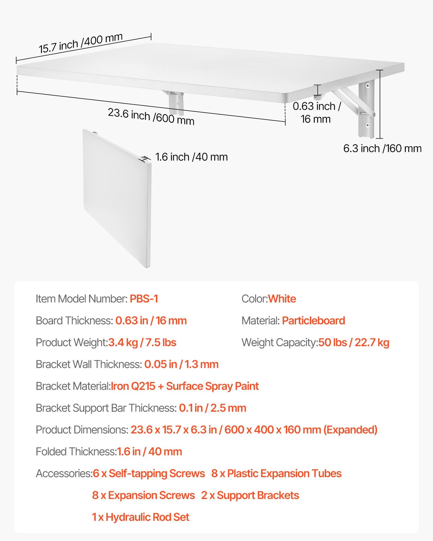 Wall Mounted Folding Table, 23.6 x 15.7 inches Wall Mount Table, Floating Desk with Iron Bracket, Fold Down Desk for Small Spaces, Home Office, Dining, Laundry Room, Kitchen, Bar, White