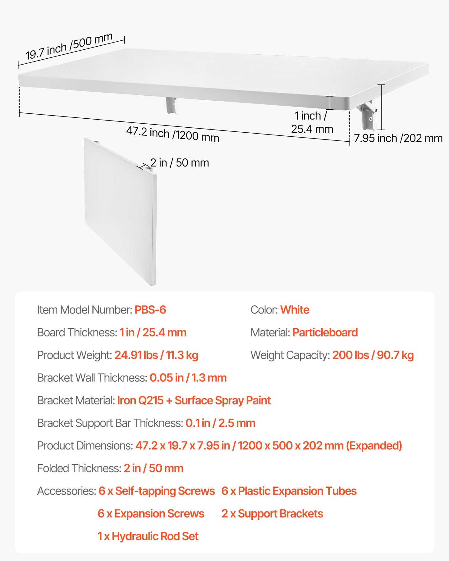 Wall Mounted Folding Table, 47.2 x 19.7 inches Wall Mount Table, Floating Desk with Iron Bracket, Fold Down Desk for Small Spaces, Home Office, Dining, Laundry Room, Kitchen, Bar, White