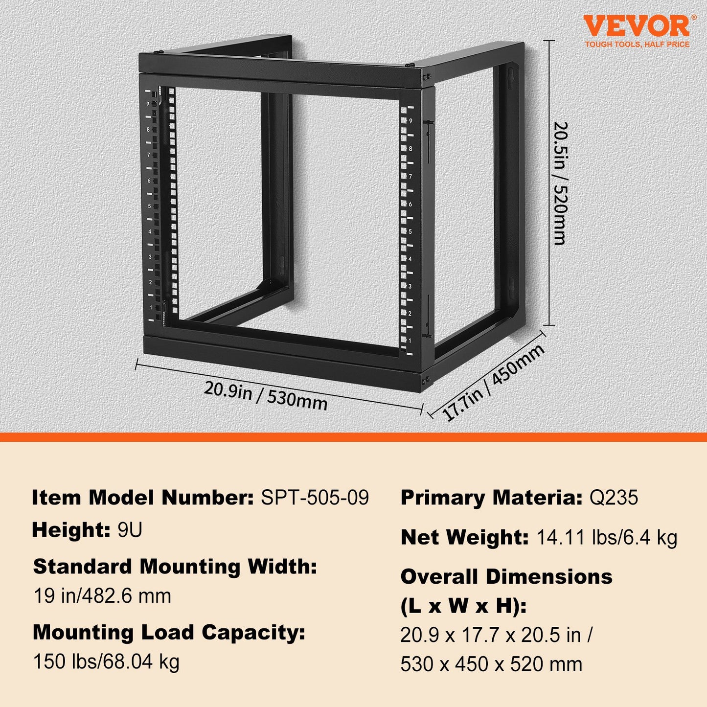 9U Wall Mount Rack 150 lbs/68.04 kg Open Frame Server Network Rack Black