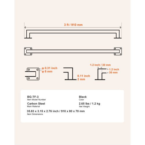 915 mm wall mounted stair railing black iron 113 kg load square tube | EU