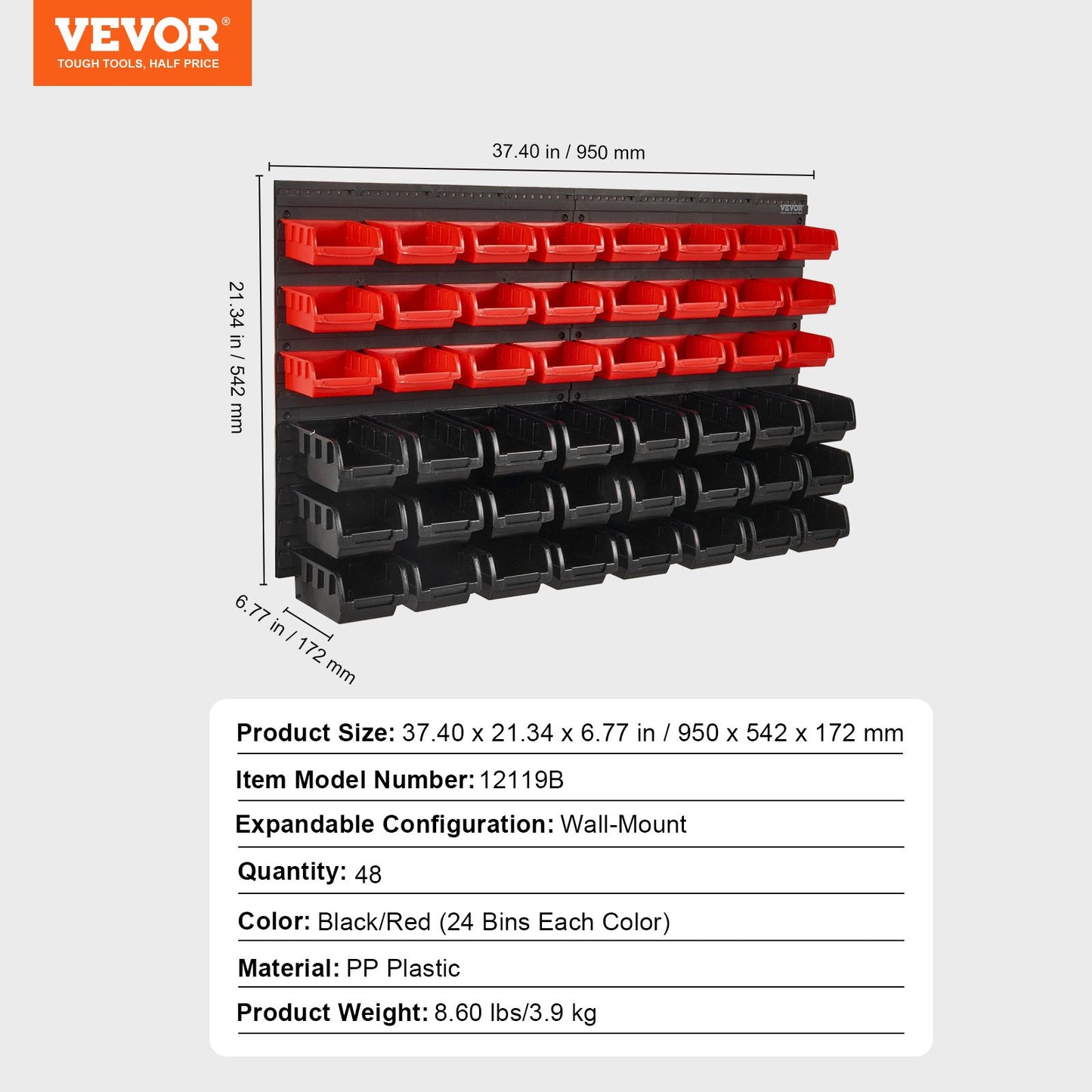 Wall Mounted Storage Bins, 48-Bin Parts Rack Organizer Garage Plastic Shop Tool with Wall Panels, Tool Organizer for Nuts, Bolts, Screws, Nails, Beads, Buttons, Other Small Parts, Black and Red