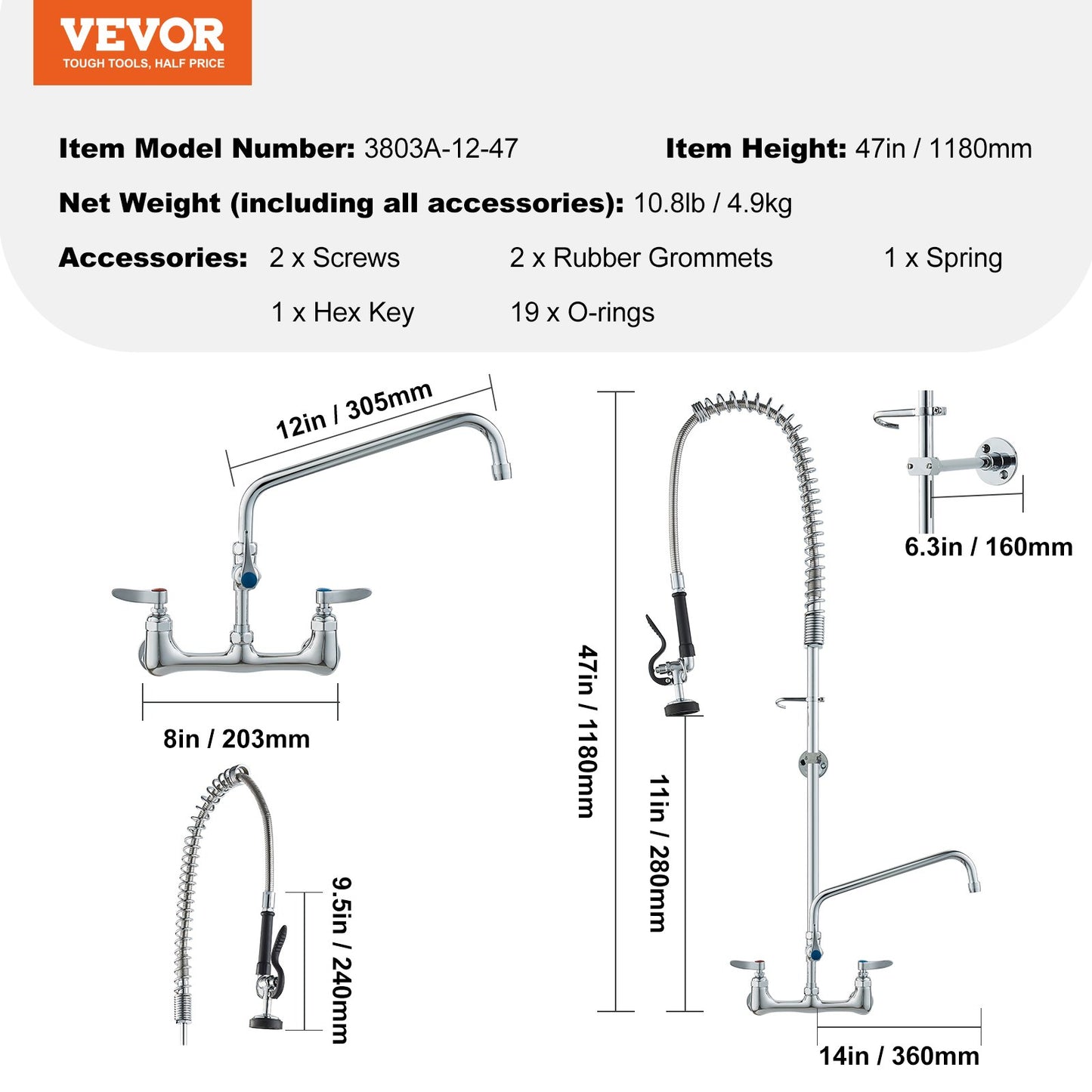 Wall-Mounted Kitchen Faucet, 47" Tall, 8" Apart, with 12" Rotating Spout and Pre-Rinse Spray, Brass Build, Pull-Down Feature for Multi-Compartment Sinks