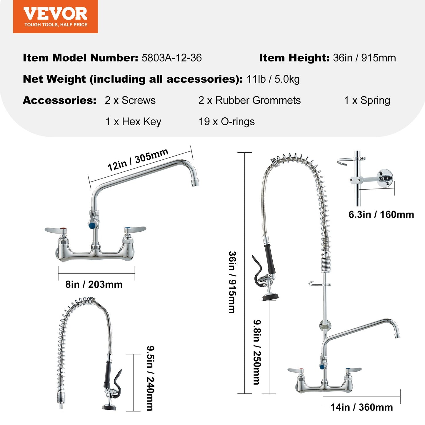 Wall-Mounted Brass Kitchen Faucet, 36" Tall, 8" Installation Width, Includes 12" Rotating Spout and Pull-Down Sprayer, Suitable for Single, Double, or Triple Sinks