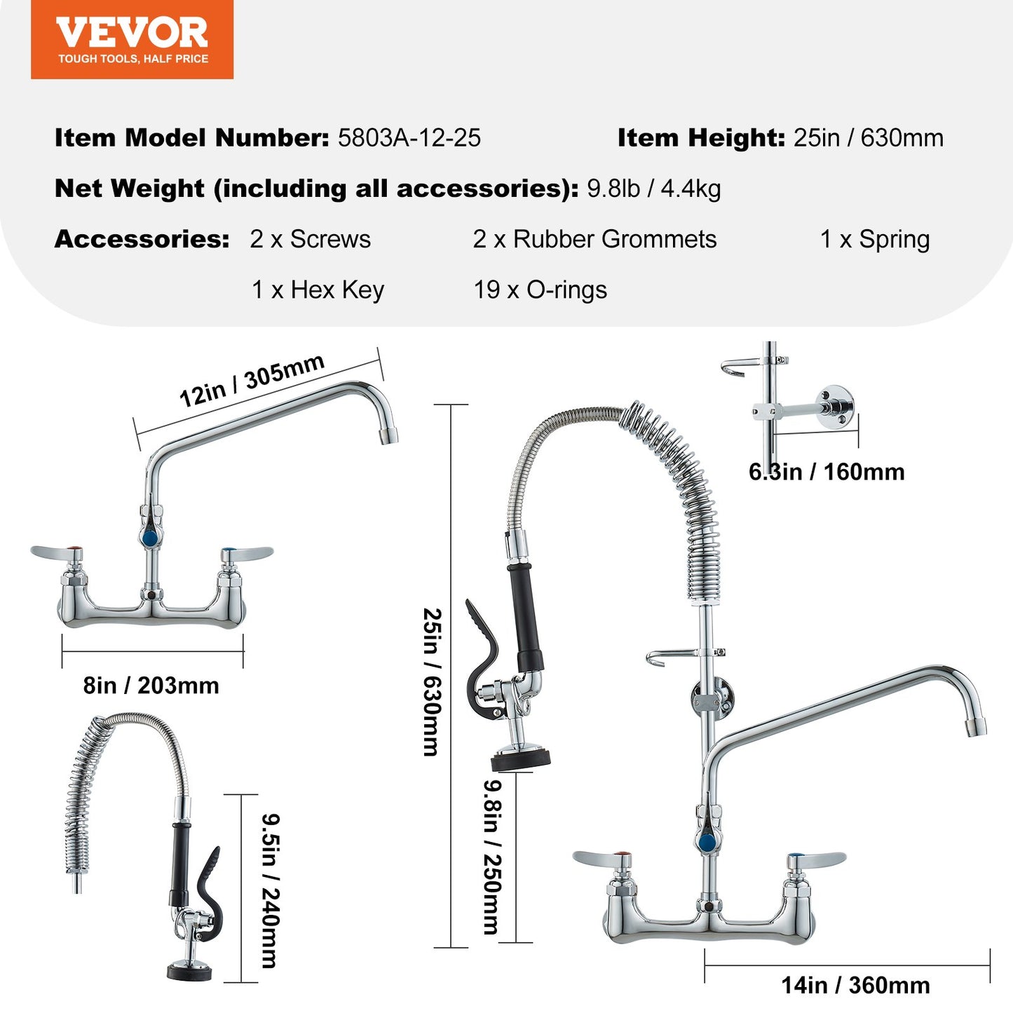 Wall-Mounted Kitchen Faucet, 25" Tall, 8" Center Distance, 12" Rotatable Spout, Includes Pre-Rinse Spray, Brass Build, Pull-Down Feature, Suitable for Multi-Compartment Sinks