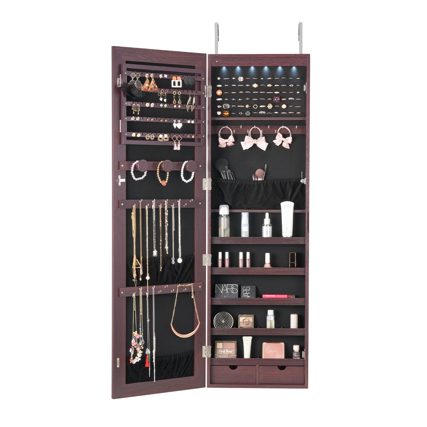 Mirror Jewelry Cabinet, 47.05-Inch Tall Lockable Jewelry Cabinet Armoire with Full-Length Mirror, Wall or Door Mounted Jewelry Mirror Organizer with LED Interior Lights and Velvet Lining, Brown