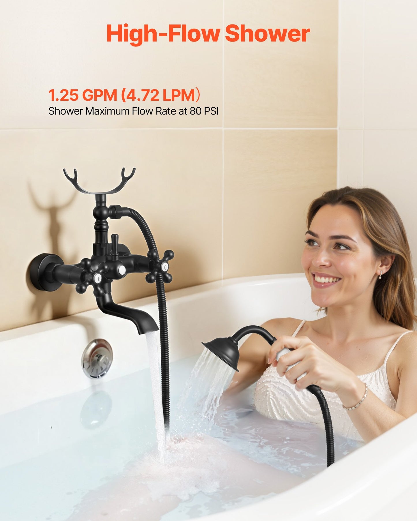 Clawfoot Tub Faucet, Wall Mount Bathtub Faucets with Handheld Shower, Vintage Matte Black Clawfoot Tub Filler Faucet Shower Kit with Adjustable Swing Arms & 360° Rotation Spout for Bathtubs