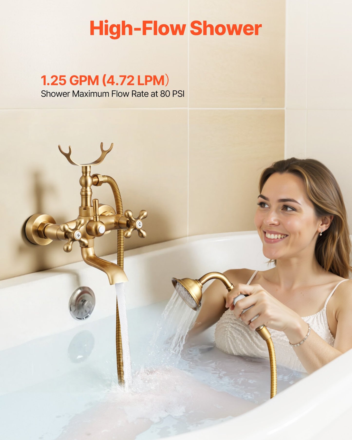 Clawfoot Tub Faucet, Wall Mount Bathtub Faucets with Handheld Shower, Vintage Brushed Gold Clawfoot Tub Filler Faucet Shower Kit with Adjustable Swing Arms & 360° Rotation Spout for Bathtubs