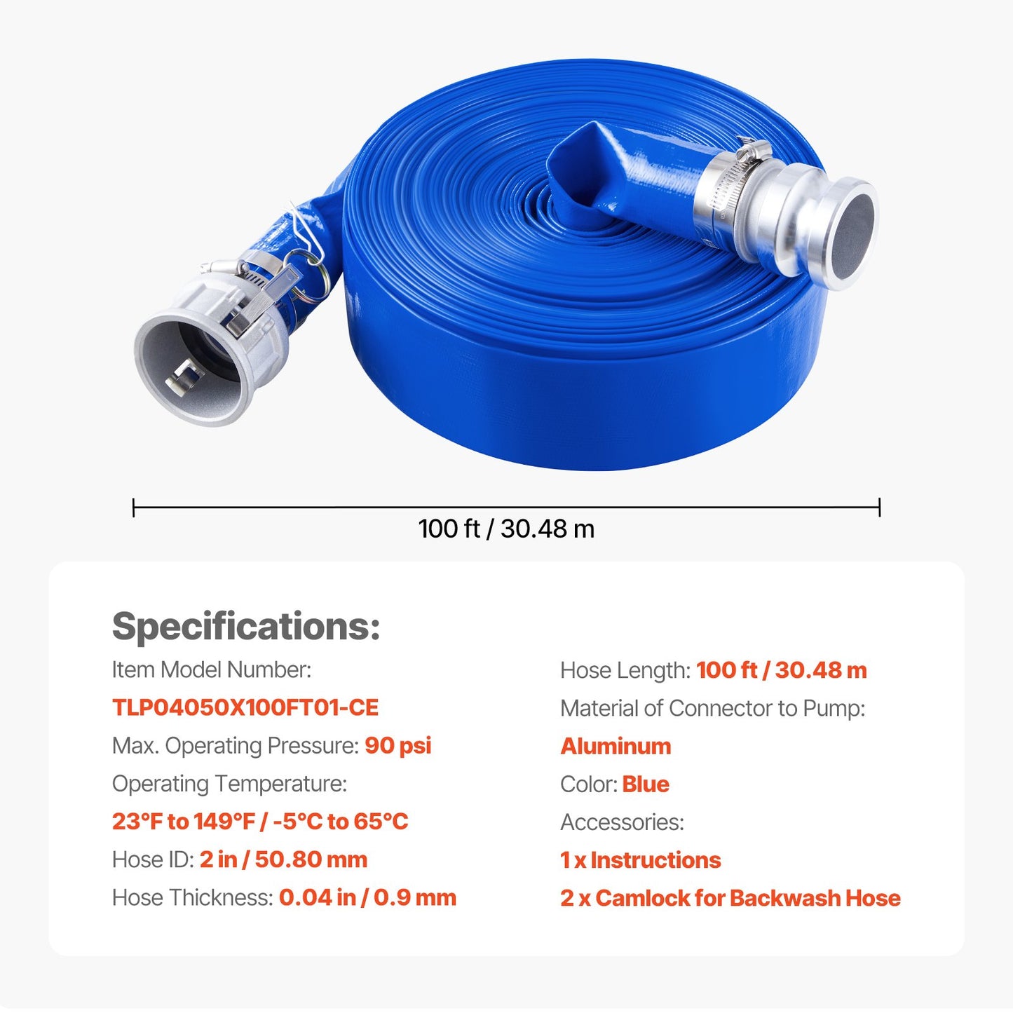 Backwash Hose, 2 in x 100 ft, Blue High Quality PVC Hose, with Clamps, Camlock, Aluminum Fittings, Fit Various Pumps, for Sewage Treatment, Water Transportation and More Agricultural Purposes