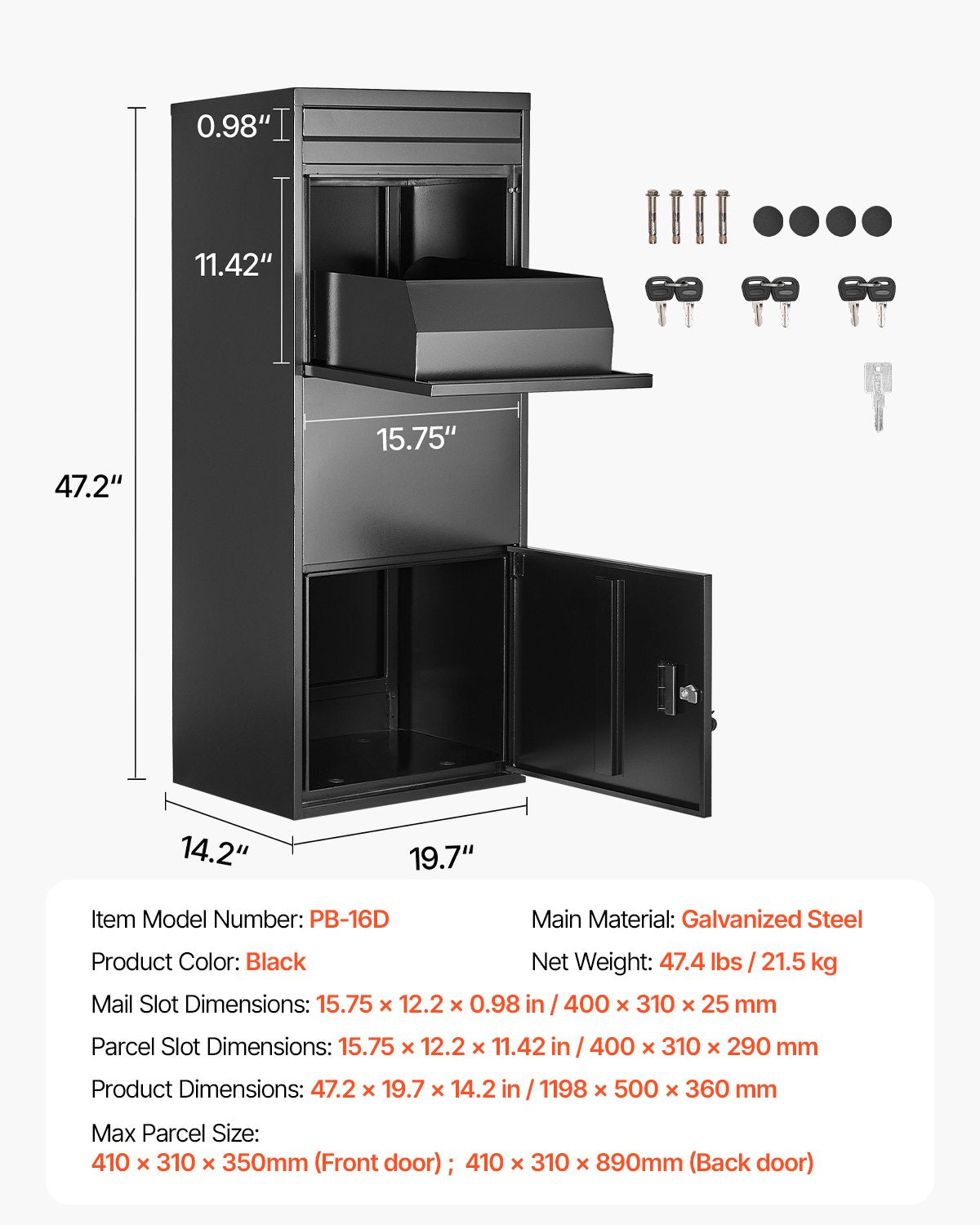 Package Delivery Boxes for Outside, 47.2 in Mailbox for Parcel with Lock, Galvanized Steel Package Drop Box with Anti-Theft Design, Weather-Resistant Package Mailbox for Home and Office, Black