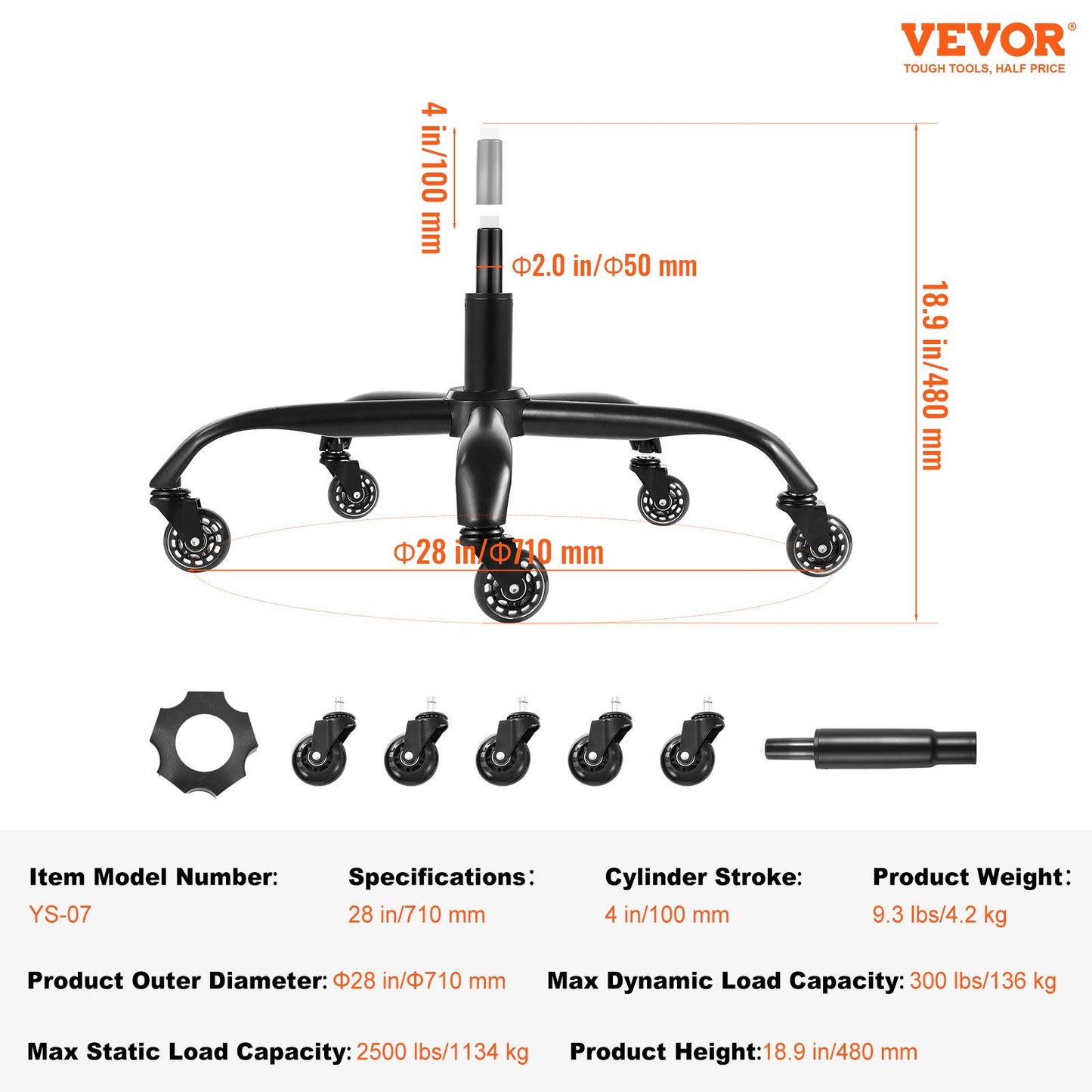 Office Chair Base Replacement, 28", 2500 lbs Static Load Capacity, Heavy Duty Universal Computer Desk Chair Stool Base Part with 5 Casters and Gas Cylinder, Desk Chair Base Replacement, Black
