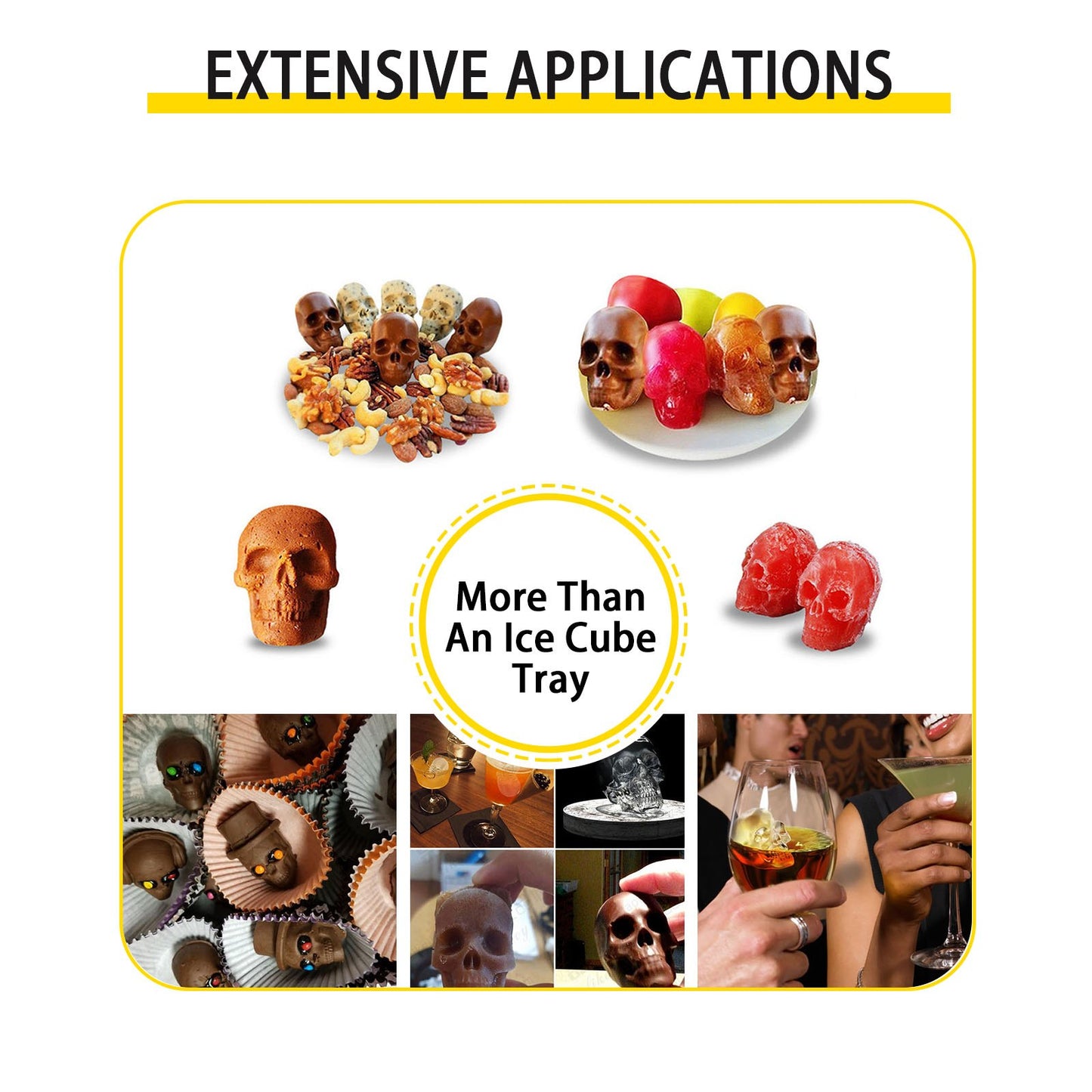 Skull Ice Cube Tray, 6-Grid Skull Ice Ball Maker, Flexible Black Silicone Ice Tray with Lid & Funnel, Skull Ice Cubes in 3 Distinct Patterns for Beverages & Chocolates on Parties & Holidays