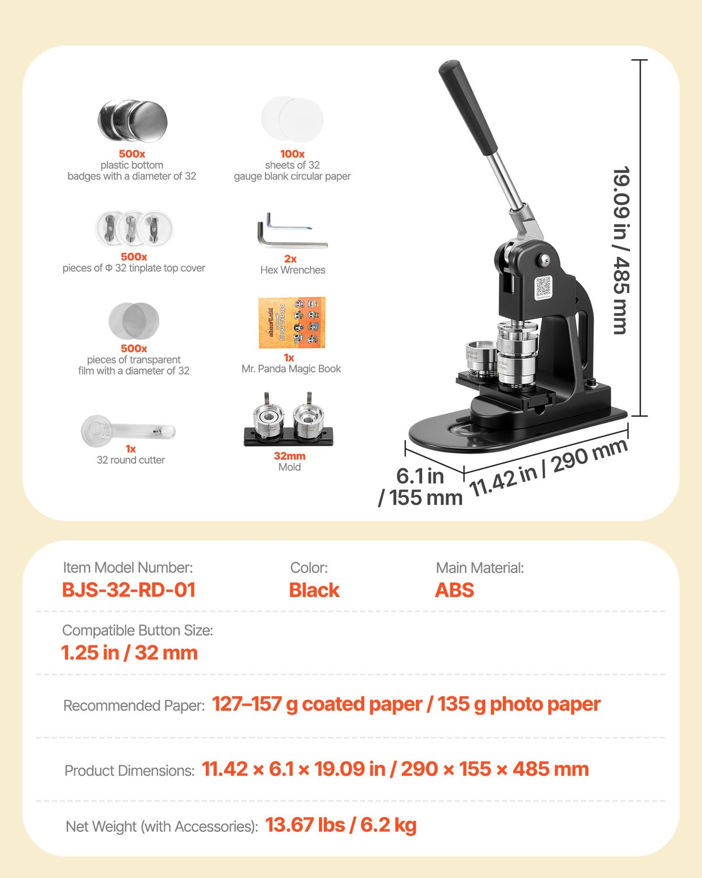 Button Maker Machine, 1.25 in, Pin Maker Machine with 500pcs Button Parts, Circle Cutter, Hex Wrenches and Magic Book, Ergonomic Handle, for DIY Badges, Personalized Pins and Key Chains, Black