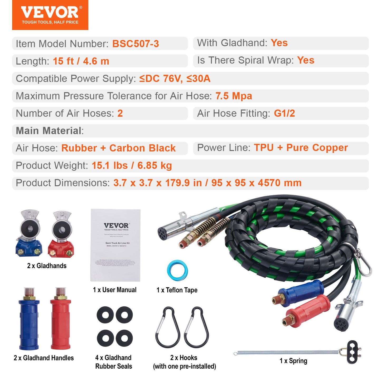 15FT Semi Truck Air Lines Kit with 2PCS Glad Hands, 3-in-1 Air Hoses & 7 Way ABS Electric Power Line, with 2PCS Gladhand Handles, 4PCS Seals and Tender Spring Kit for Semi Truck Trailer Tractor