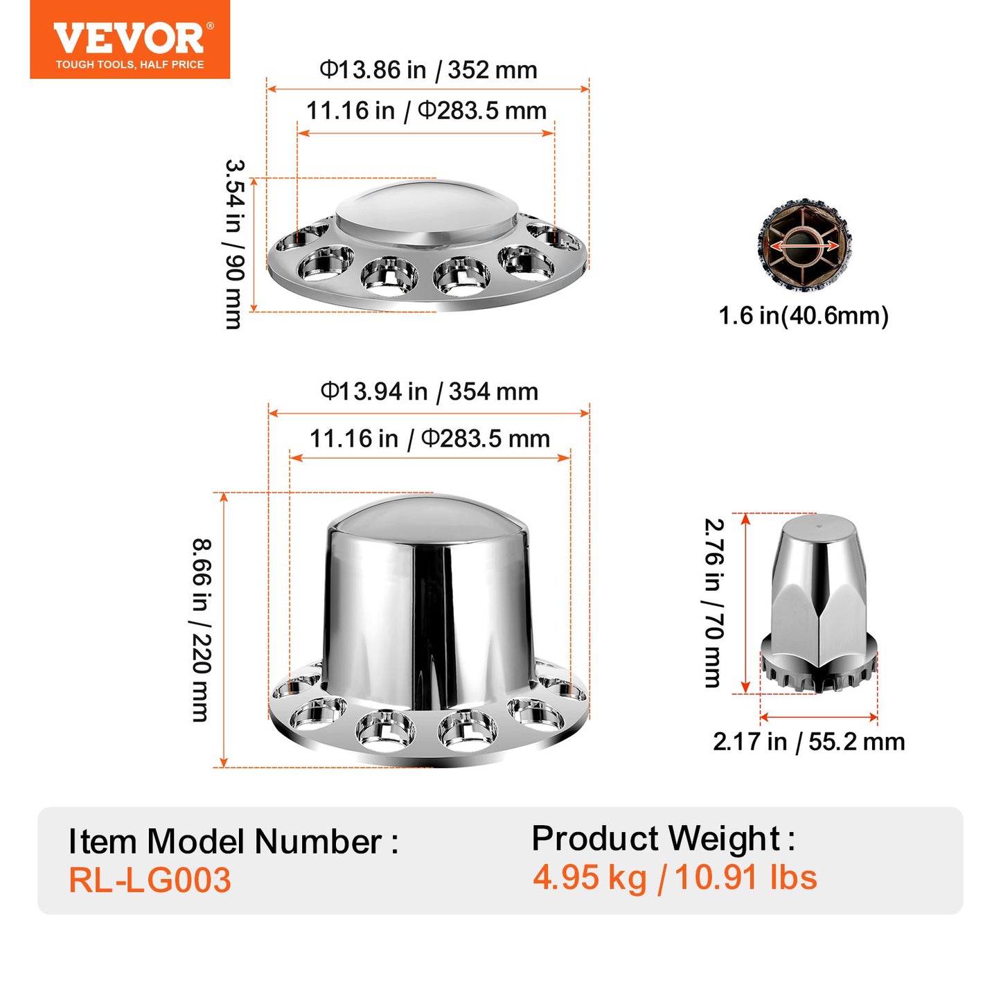 Rear Front Axle Wheel Covers, Dome Axle Cover for Semi Truck, ABS Rust-Resistant Lug Nut Covers, Universal Fit, Installation Tool Included, 2 Front and 4 Rear Axle Hub Covers Combo Kit