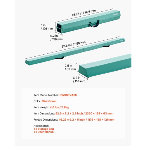 8FT Hopfällbar Balansbom för Barn, 90,7 KG Stabilt Stöd Gymnastikgolvbom med Halkfria Mattor, Gymnastikträningsutrustning med Halkfri Botten och Bärväska för Hemmagym, Mintgrön | EU