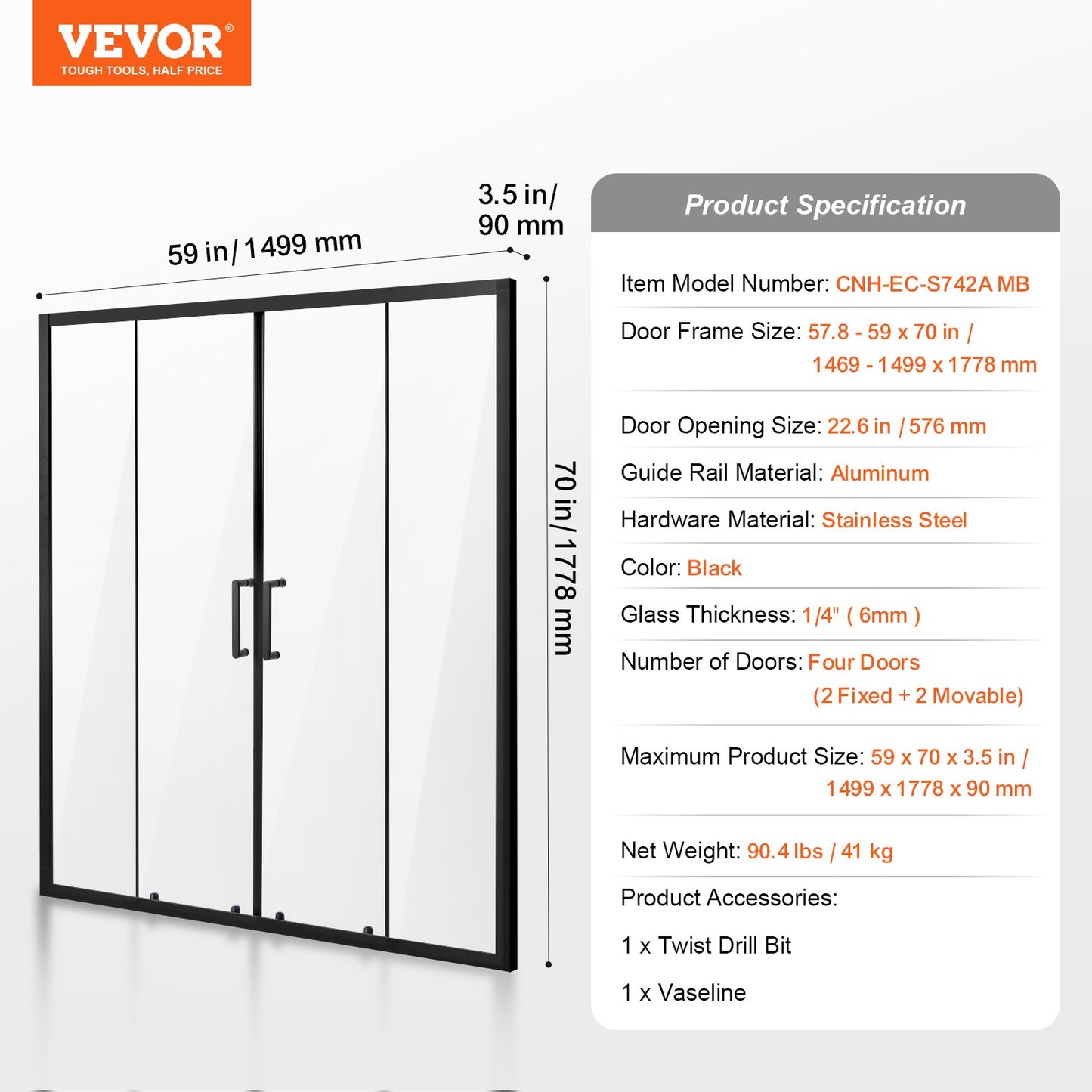 Semi-frameless Shower Door, 57.8-59 W x 70 H in, Double Sliding Glass Door with 1/4 in(6mm) Clear Tempered Glass, Waterproof Shatterproof Stainproof with Stainless Steel Hardware, Matte Black