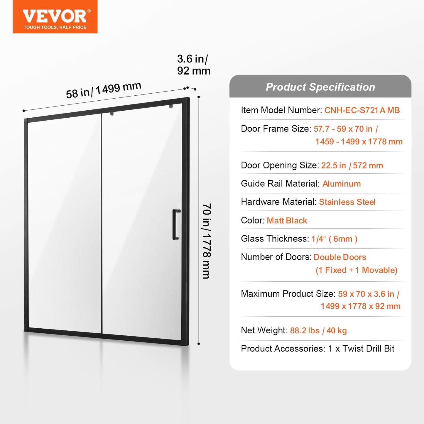 Semi-frameless Shower Door, 57.7-59 W x 70 H in, Shower Sliding Glass Door with 1/4 in(6mm) Clear Tempered Glass, Waterproof Shatterproof Stainproof with Stainless Steel Hardware, Matte Black