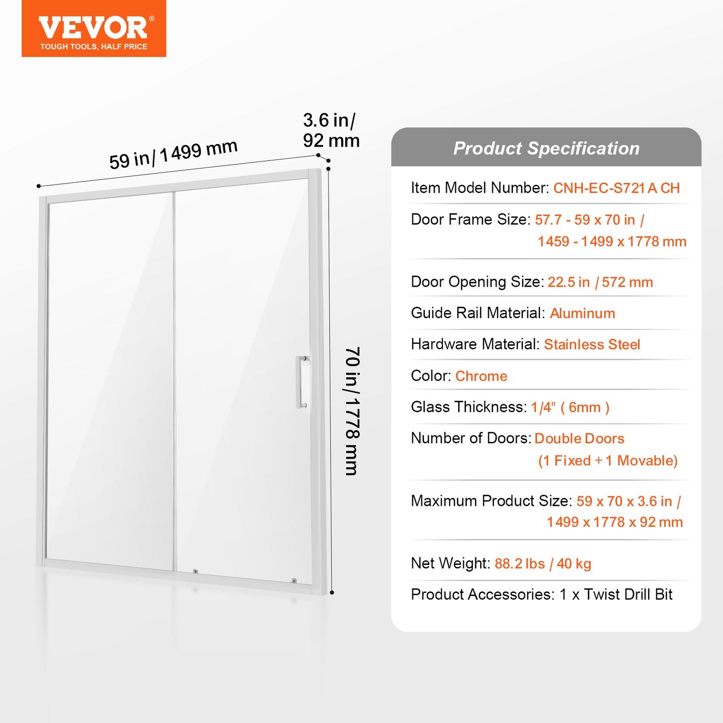 Semi-frameless Shower Door, 57.7-59 W x 70 H in, Shower Sliding Glass Door with 1/4 in(6mm) Clear Tempered Glass, Waterproof Shatterproof NANO Stainproof with Stainless Steel Hardware, Chrome