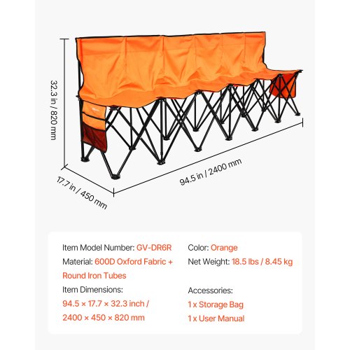 Bärbar Hopfällbar Bänk, 6-sits Hopfällbar Fotbollsbänk med Sidofickor och Bärväska, Lätt Sidosittplats med Ryggstöd för Fotboll, Baseboll, Camping, Utomhusevenemang, Orange | EU