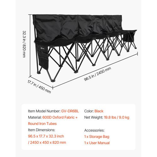 Bärbar Hopfällbar Bänk, 6-sits Fotbollsbänk med Flera Förvaringsfickor och Bärväska, Lätt Sidlinjesittplats med Ryggstöd för Fotboll, Baseboll, Camping, Utomhusevenemang, Svart | EU