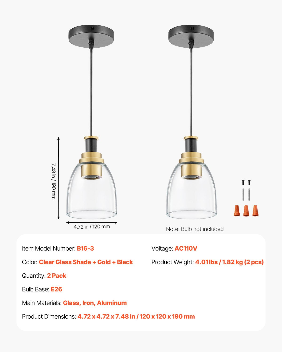 1-Light Pendant Light, 2 Pack, Kitchen Island Lights with Clear Glass Shade & Hanging Cord, Black and Gold Finish, Adjustable Height, Pendant Lighting for Bedroom, Hallway, Entryway, Kitchen