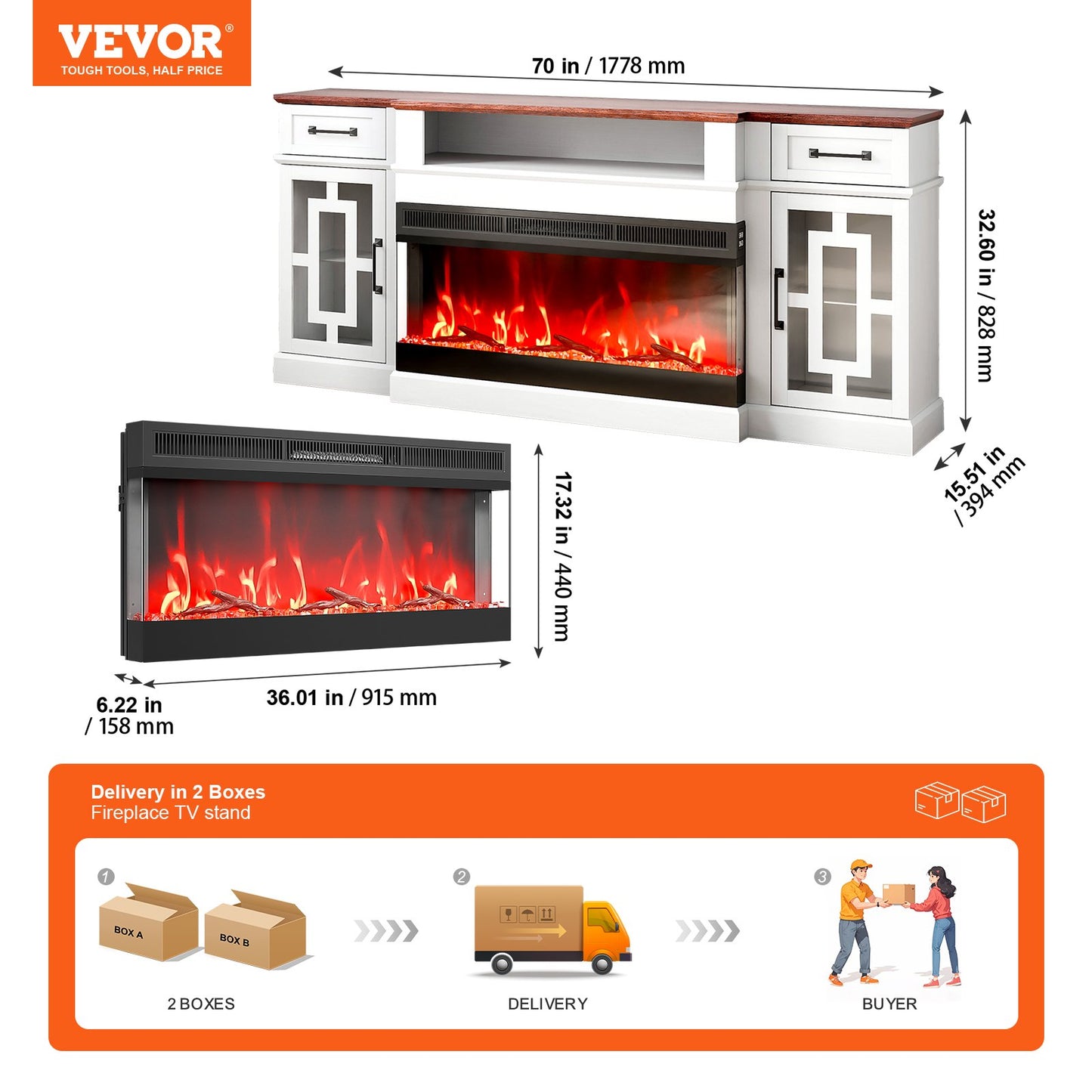 80" Fireplace TV Stand, Media Storage Corner with 36" Fireplace, Storage Drawers & Cabinets, Vintage TV Console Table with 20 LED Lights, Remote Control & Timer for Living Room, Brown & White