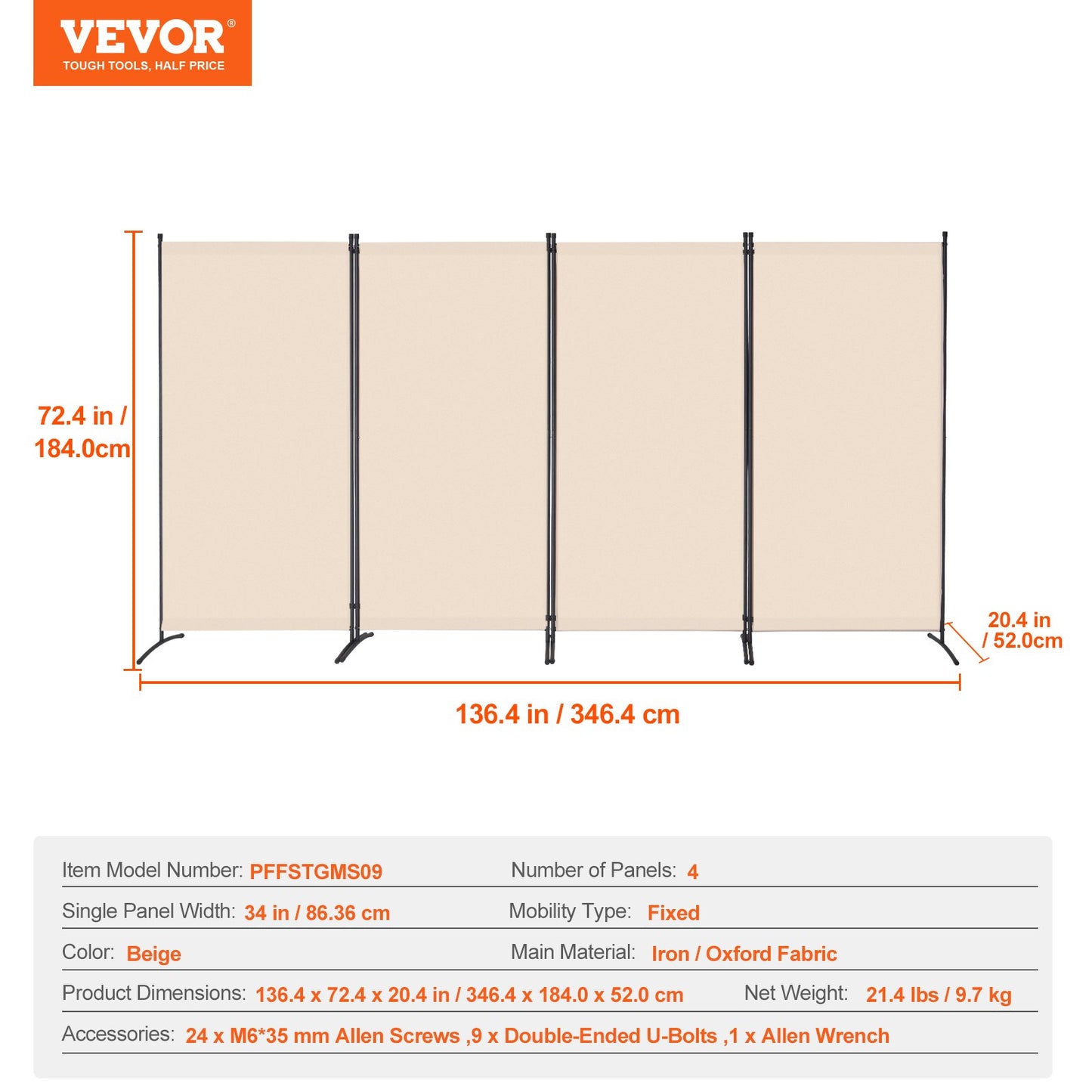 Room Divider, 4 Panel Room Divider, Folding Privacy Screen and Portable Partition Divider for Room Separation, Freestanding Room Partitions for Office, Bedroom, Study, Beige