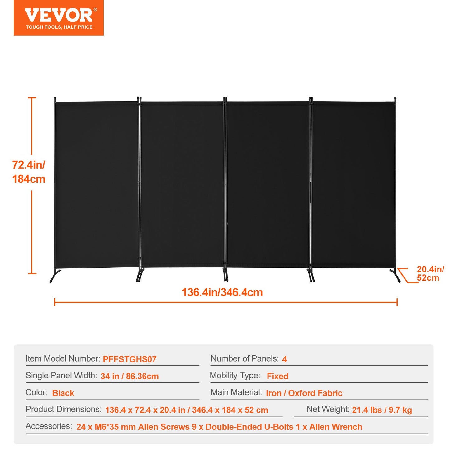 Room Divider, 4 Panel Room Divider, Folding Privacy Screen and Portable Partition Divider for Room Separation, Freestanding Room Partitions for Office, Bedroom, Study, Black