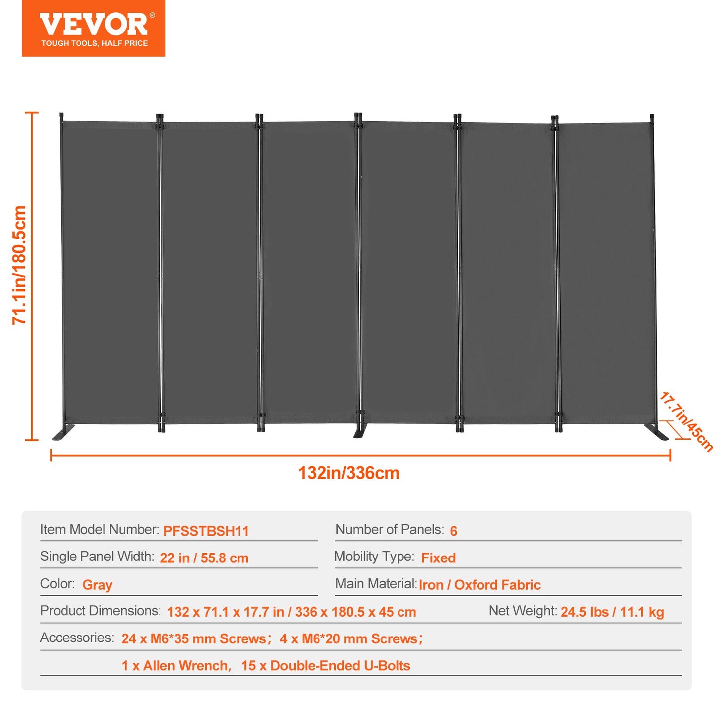 Room Divider, 6 Panel Room Divider, Folding Privacy Screen and Portable Partition Divider for Room Separation, Freestanding Room Partitions for Office, Bedroom, Study, Grey