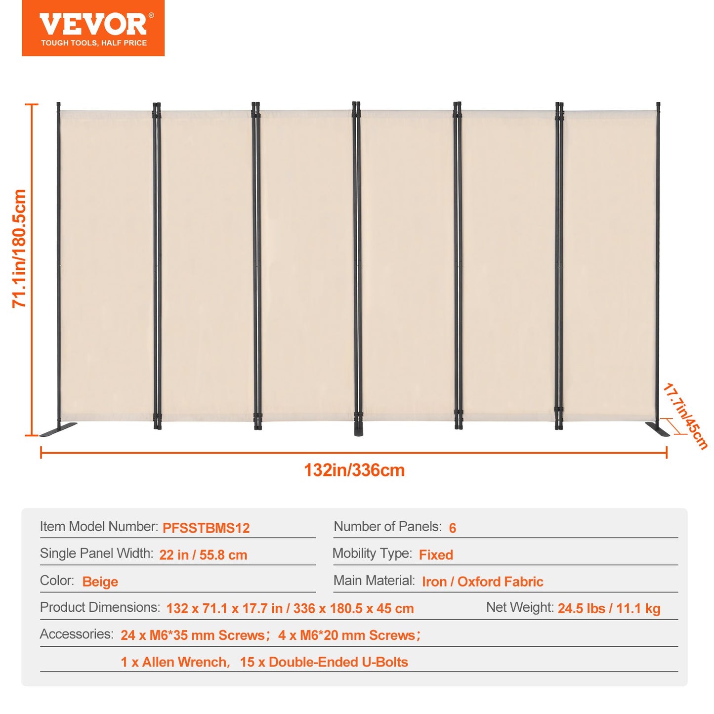 Room Divider, 6 Panel Room Divider, Folding Privacy Screen and Portable Partition Divider for Room Separation, Freestanding Room Partitions for Office, Bedroom, Study, Beige