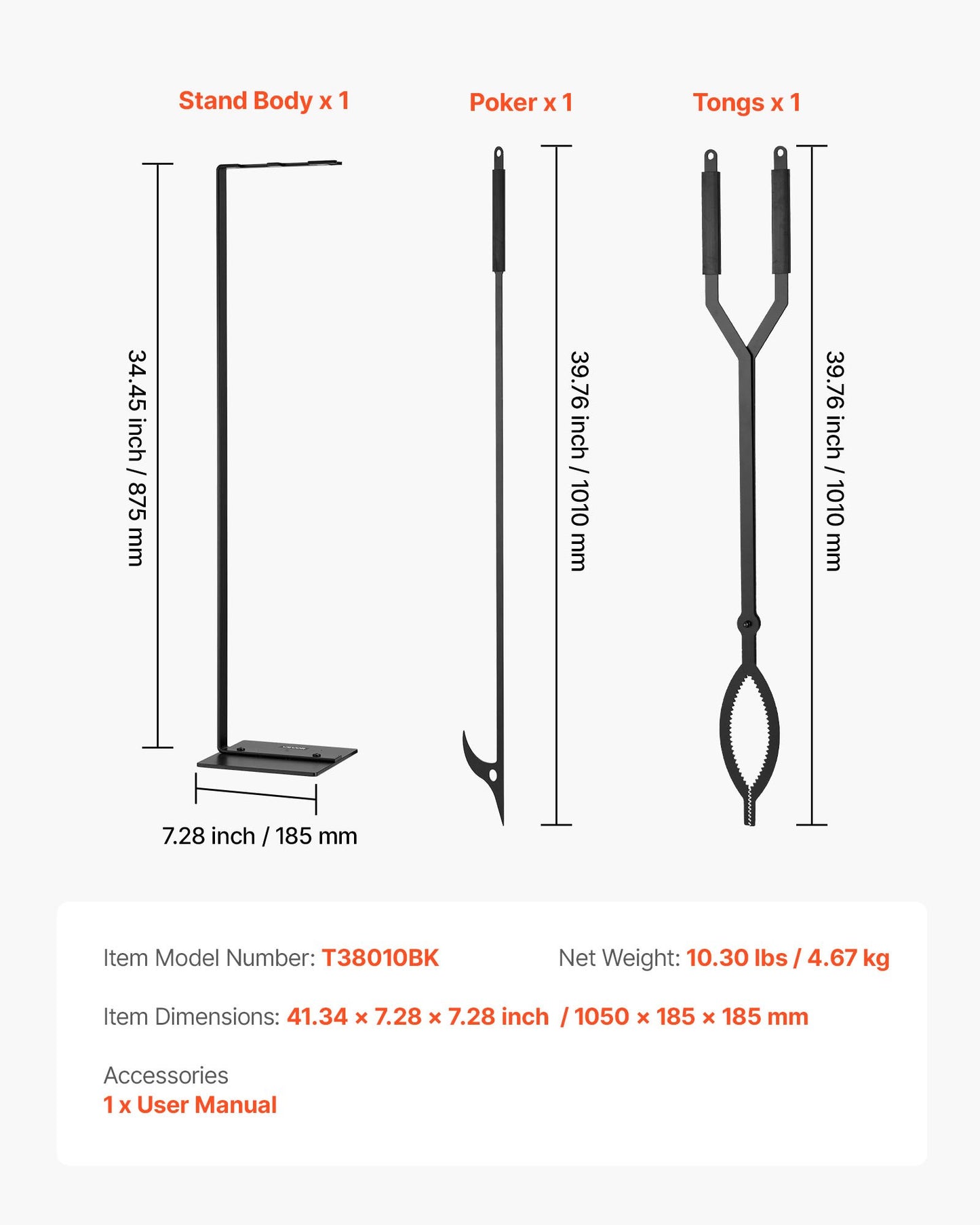 Fireplace Tool Set, 3 PCS Fire Tool Set and Holder with Stand, Tongs, Fire Place Poker, Wrought Iron Fireplace Accessories for Campfire Backyard Bonfire Indoor/Outdoor, Black