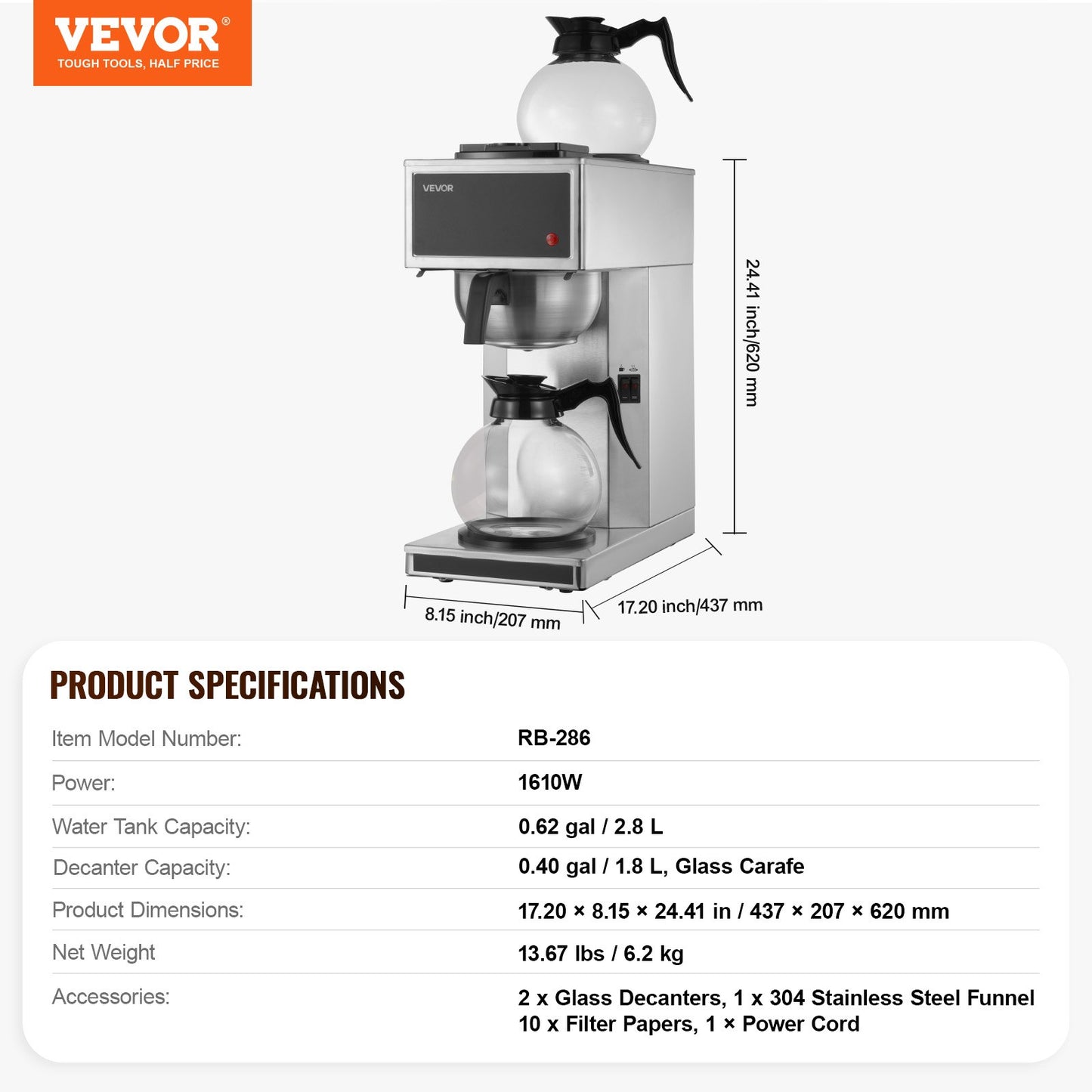 Commercial Drip Coffee Maker, 12 Cups Coffee-Maker Machine with 2 Glass Carafes and 2 Decanter Warmer Plates, Stainless Steel Drip Style Coffee Brewer, for Restaurant, Office, Coffee Shop & Home
