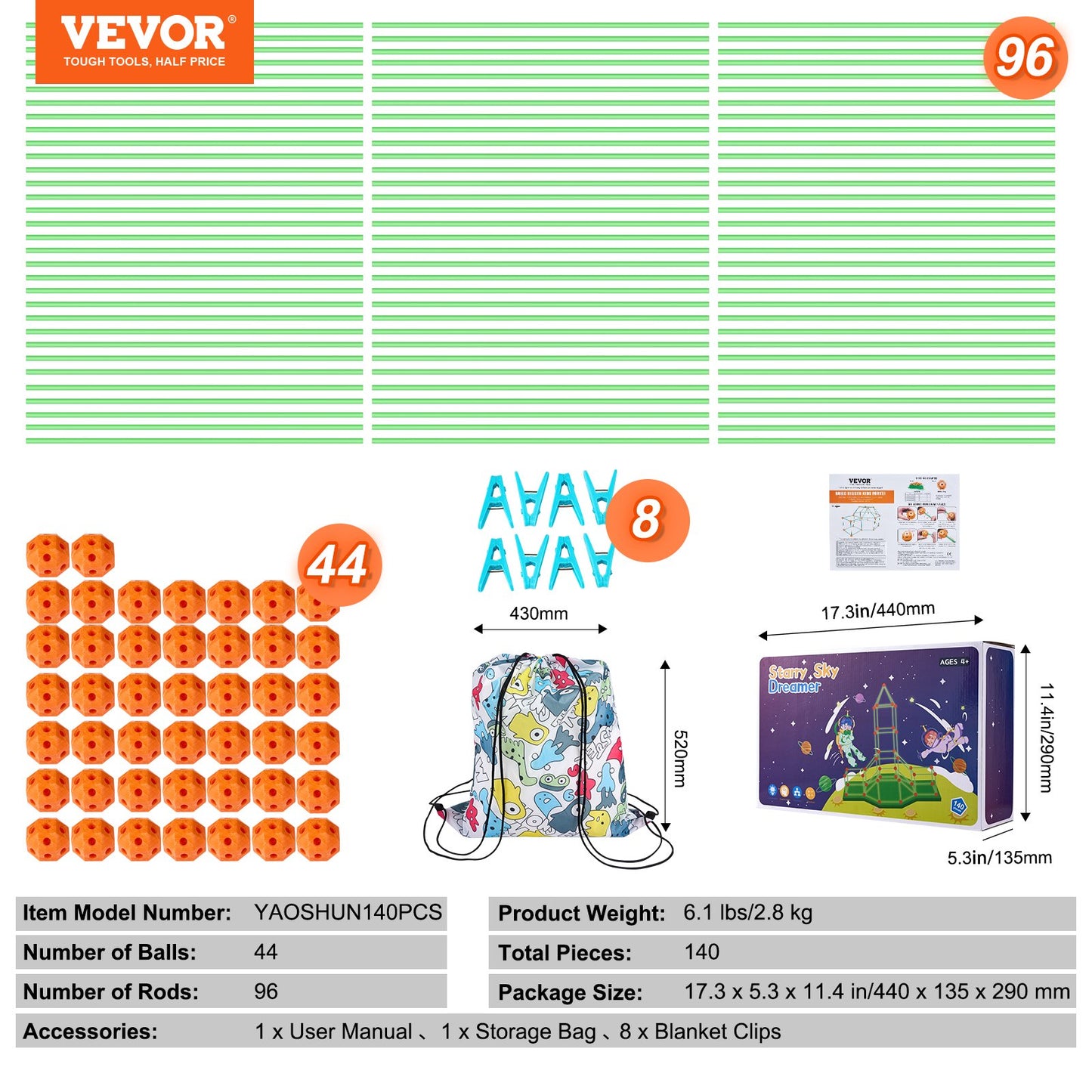 Fort Building Kit for Kids, 140PCS Glow in The Dark STEM Building Toys, Educational Gift for 4 5 6 7 8+ Year Old Boys & Girls Indoor Outdoor Play Tent Construction Toys with 96 Rods and 44 Balls