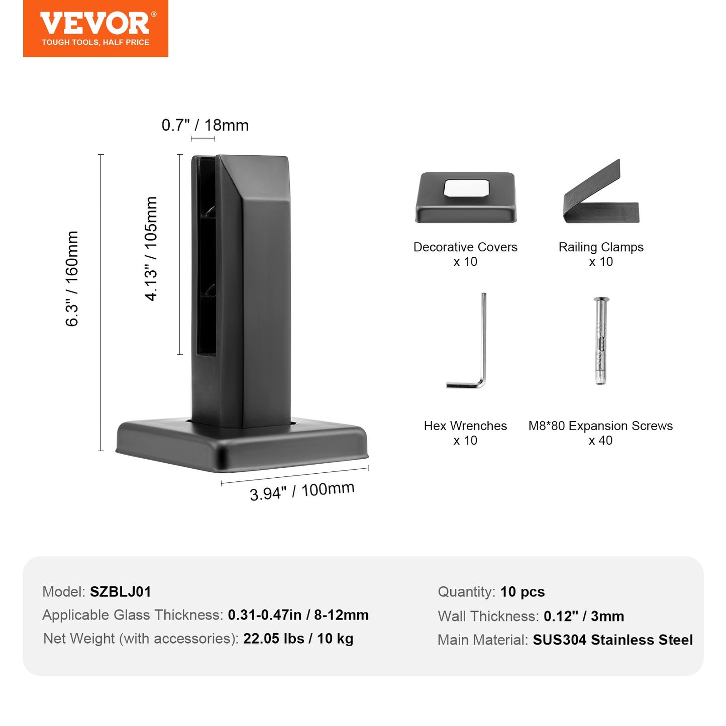 Glass Clamp, 10 PCS Square Glass Railing Bracket for 0.31 "-0.47 " Tempered Glass, 304 Stainless Steel Glass Mounting Clamp, 0.12” Thick Glass Shelf Bracket for Balcony, Garden, Deck, Stair