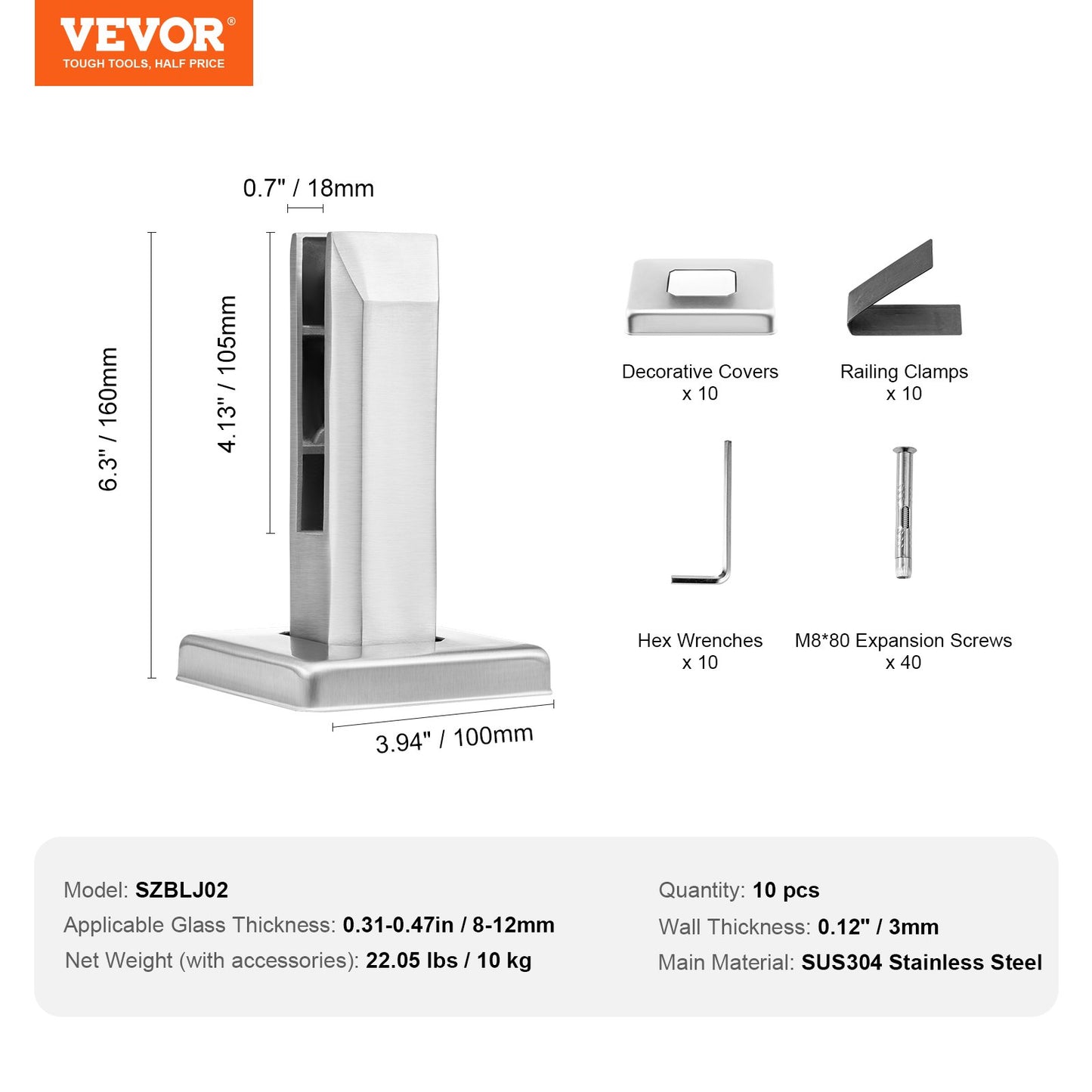 Glass Clamp, 10 PCS Square Glass Railing Bracket for 0.31 "-0.47 " Tempered Glass, 304 Stainless Steel Glass Mounting Clamp, 0.12” Thick Glass Shelf Bracket for Balcony, Garden, Stair, Silver