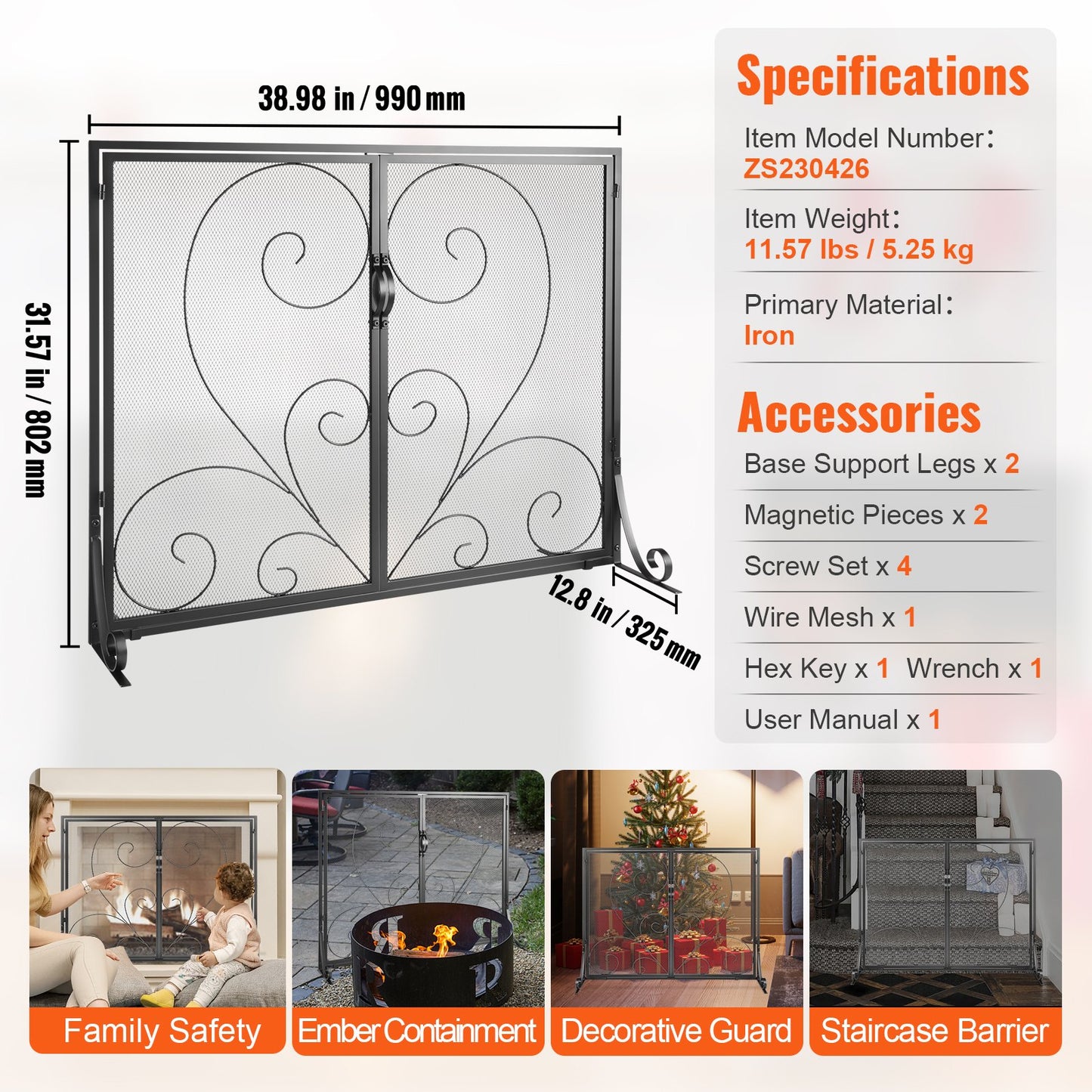 Fireplace Screen 1 Panel with Door, Sturdy Iron Mesh Fireplace Screen, 39"(L) x31.6"(H) Spark Guard Cover, Simple Installation, Free Standing Fire Fence Grate for Living Room Home Decor Vintage