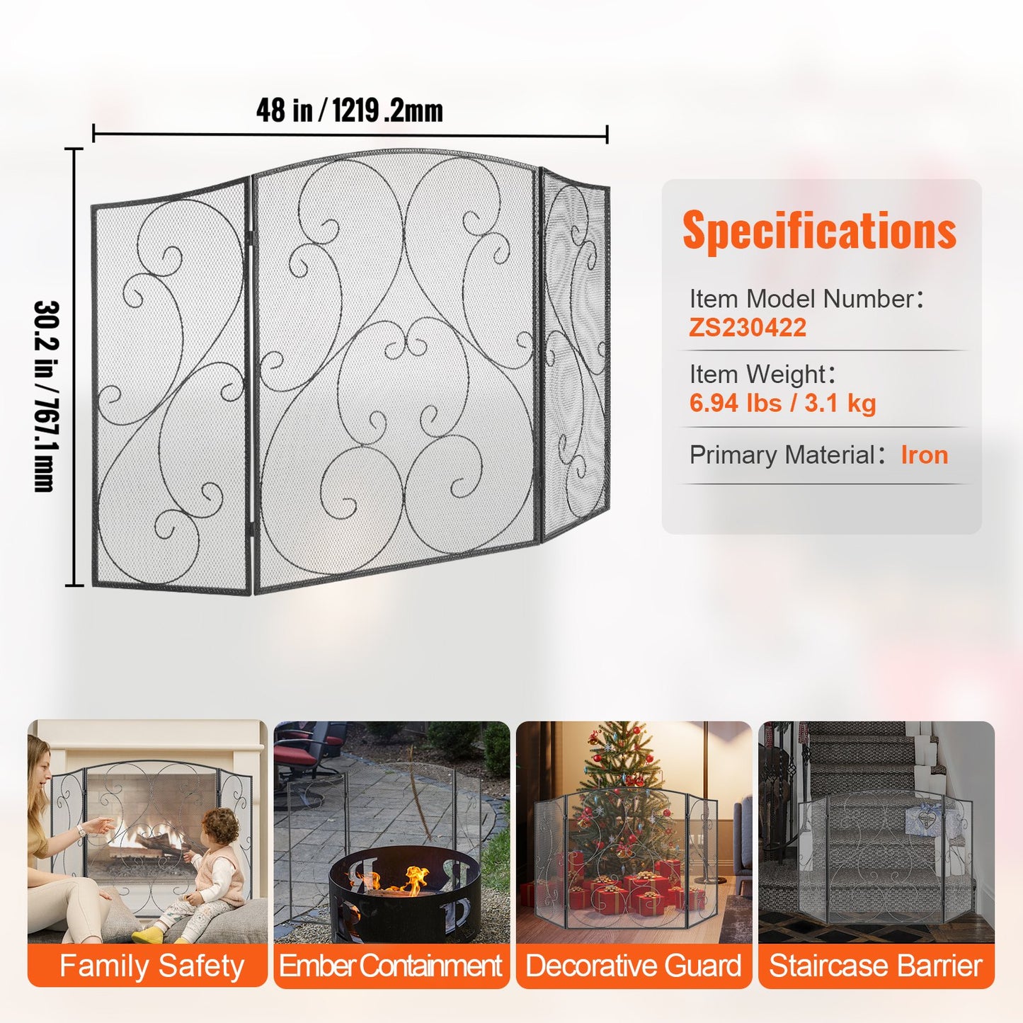 Fireplace Screen 3 Panel, Sturdy Iron Mesh Fireplace Screen, 48"(L) x30.2"(H) Spark Guard Cover, No Assembly Required, Free Standing Fireplace Fence Grate for Living Room Home Decor Vintage Blac