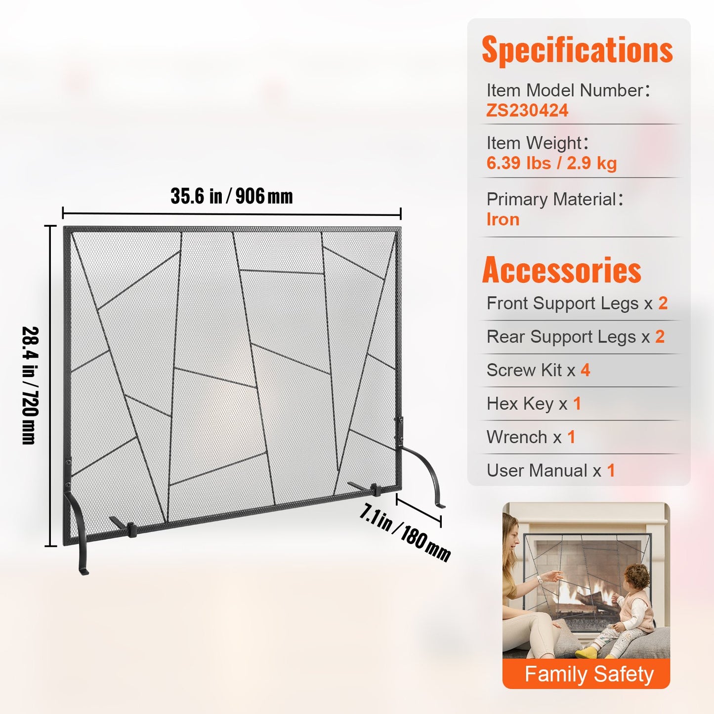 Fireplace Screen Single Panel, Sturdy Iron Mesh Fireplace Screen, 35.6"(L) x28.4"(H) Spark Guard Cover, Simple Installation, Free Standing Fire Fence Grate for Living Room Home Decor Modern