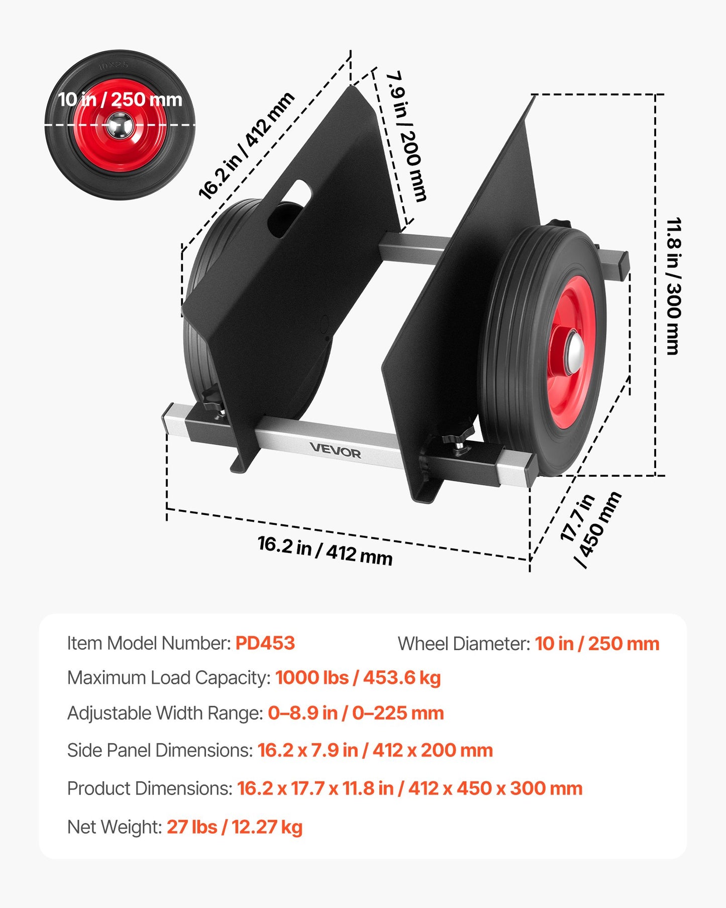 Panel Dolly, 1000 lbs Load Capacity, Drywall Mover with 10 Inch Rubber Wheels Fits Different Terrain, Adjustable Clamp Panel Cart for Steel Panels, Mattress, Doors and Drywall Sheet, Black