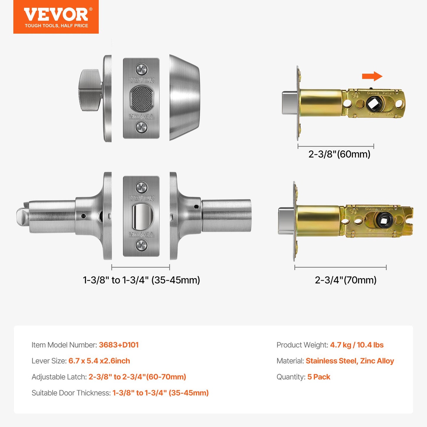 Entry Door Locksets with Deadbolt, 5 Pack Satin Nickel Entry Lever and Single Cylinder Deadbolt, Keyed Alike Combo Pack, Fit for 1-3/8" to 1-3/4" Door Thickness, for Entrance and Front Door