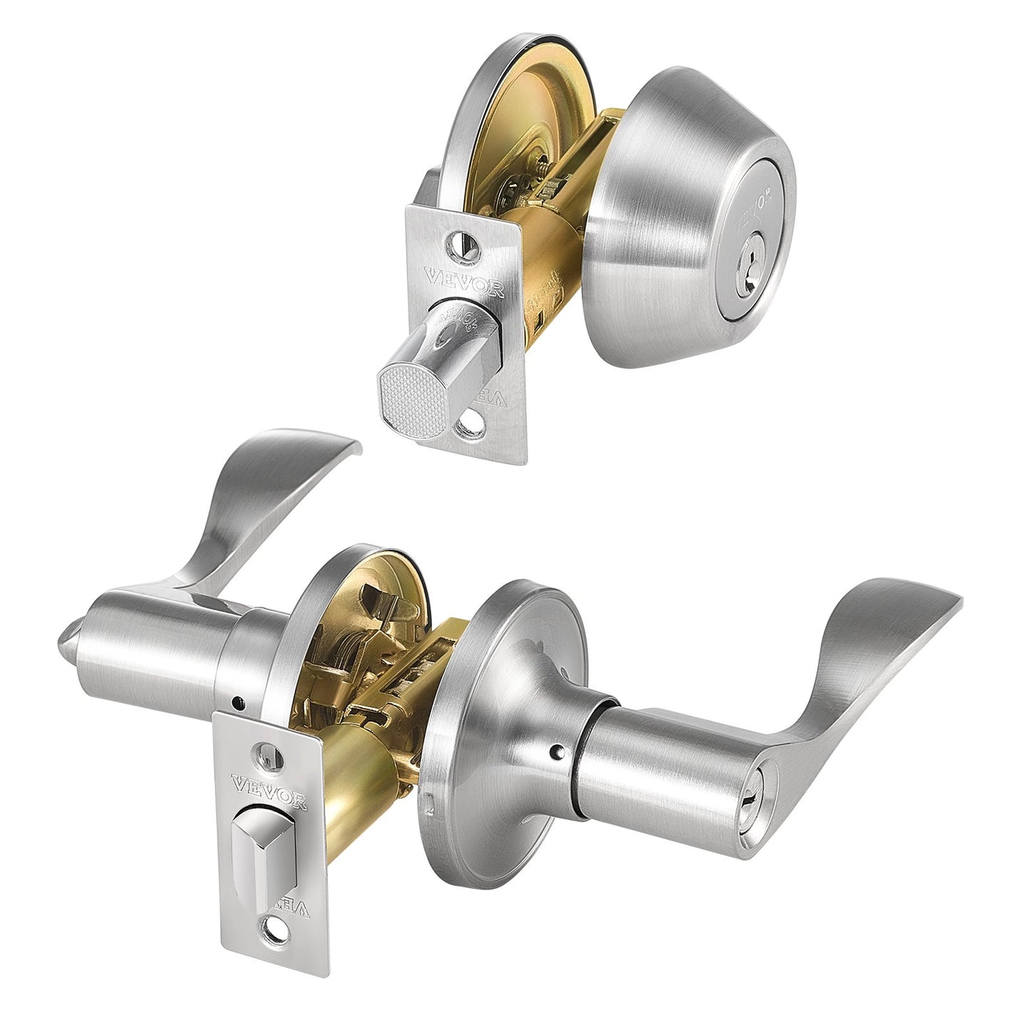 Entry Door Locksets with Deadbolt, 5 Pack Satin Nickel Entry Lever and Single Cylinder Deadbolt, Keyed Alike Combo Pack, Fit for 1-3/8" to 1-3/4" Door Thickness, for Entrance and Front Door