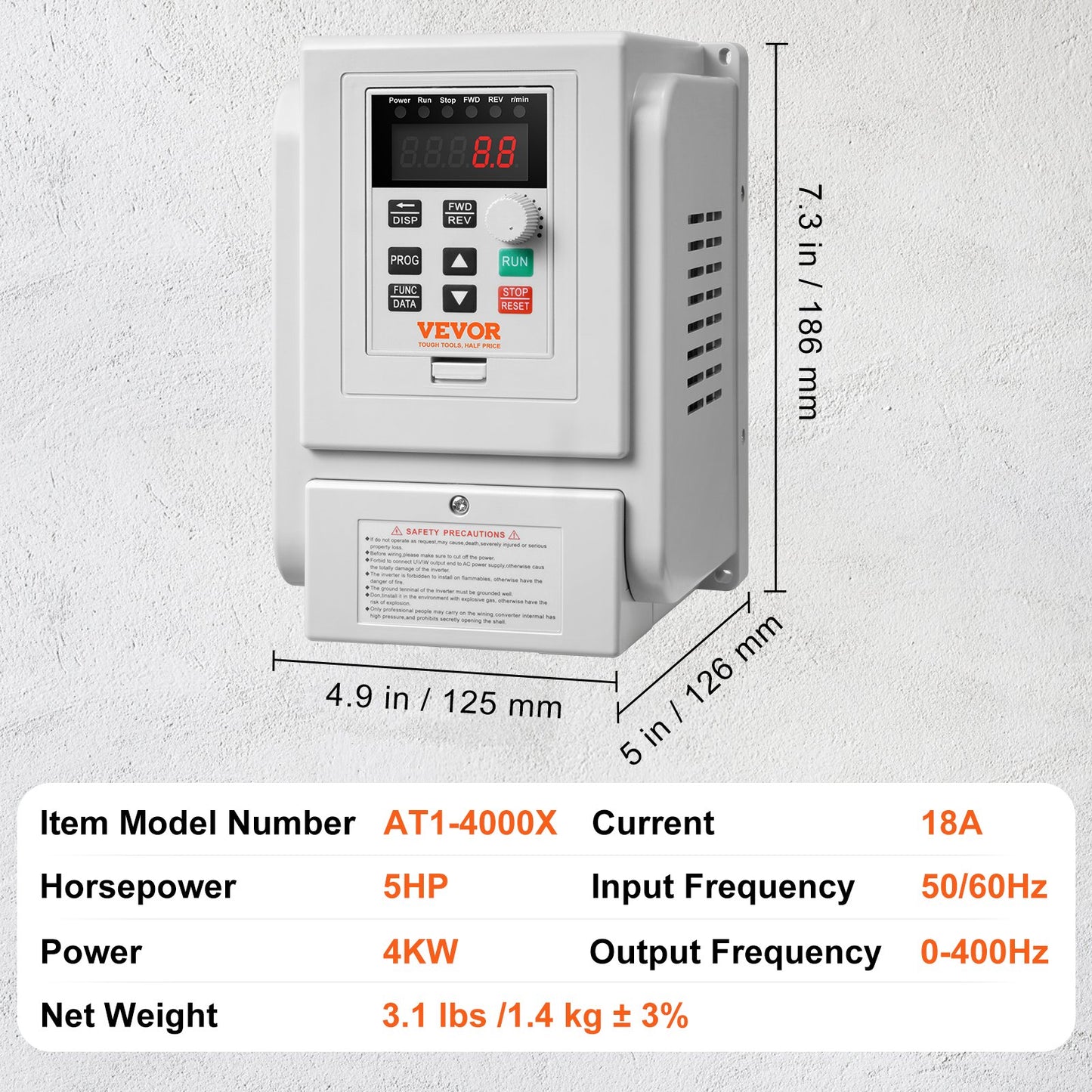 VFD 5HP, 4KW, 18A, 1 Phase 220V-240V Input to 3 Phase 220V-240V Output Variable Frequency Drive, 0-400Hz VFD for AC Motor Speed Control