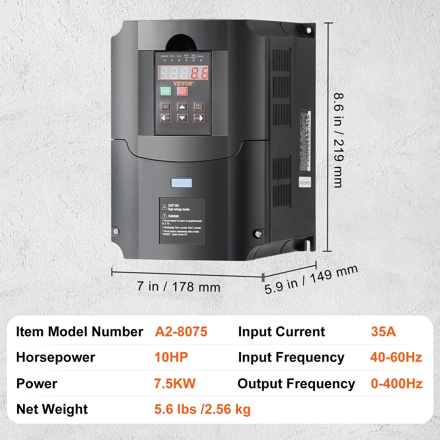 VFD 10HP, 7.5KW, 35A, 1 or 3 Phase 220V Input to 3 Phase 220V Output Variable Frequency Drive, 40-60Hz Input, 0-400Hz Output VFD for Spindle Motor CNC Speed Control